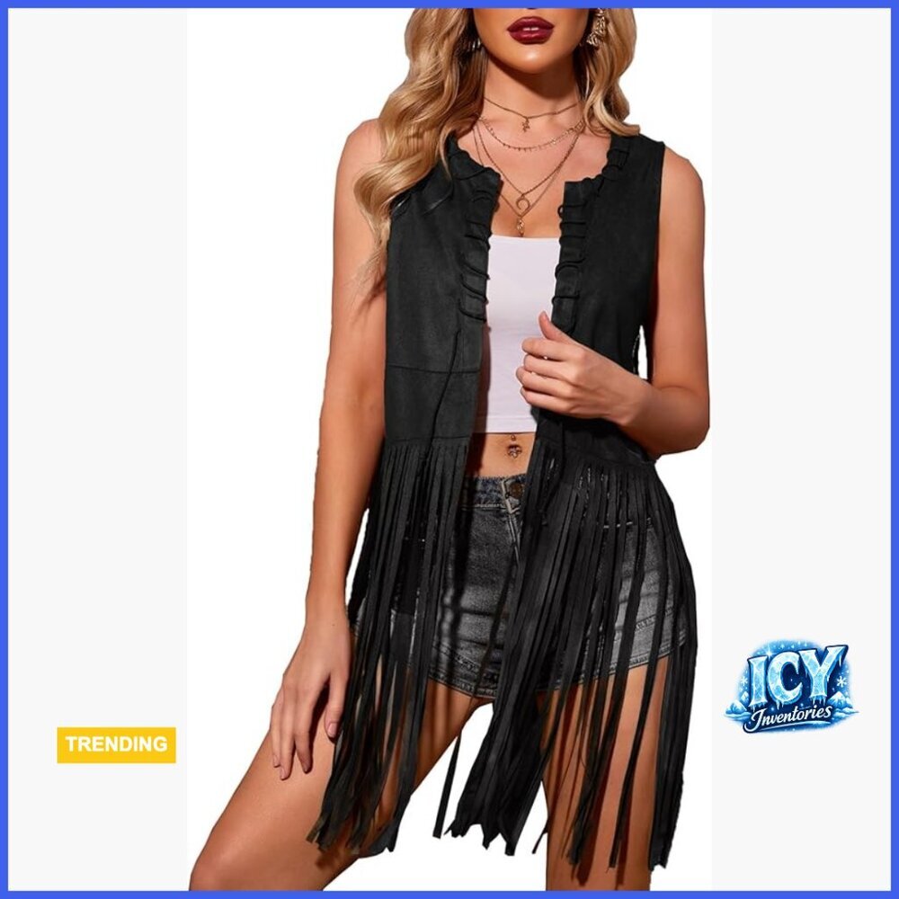 Faux Suede Fringe Vest Sleeveless Tassel Cardigan Western Top